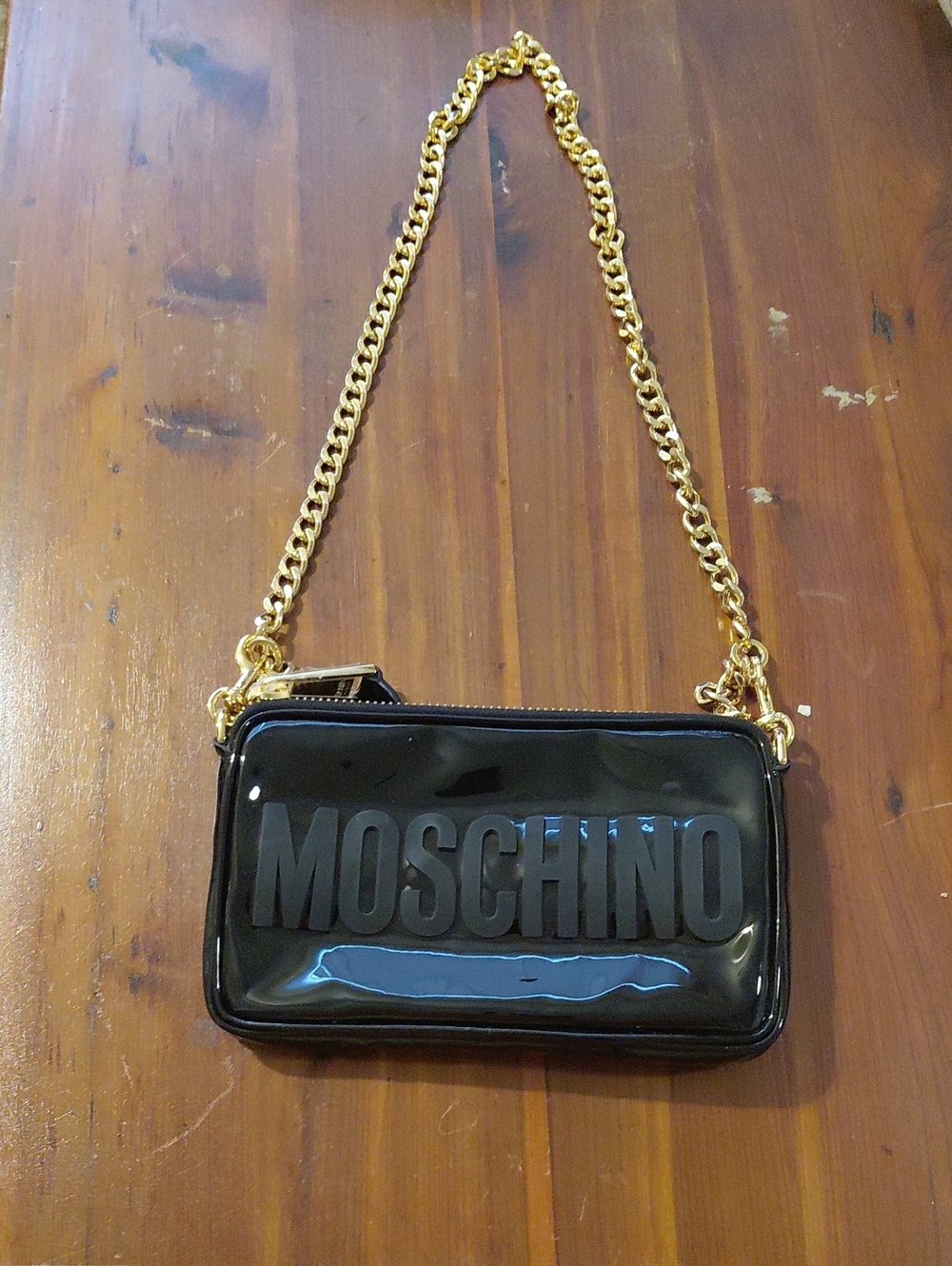 Moschino Black Patent Logo Crossbody with Gold Chain Strap